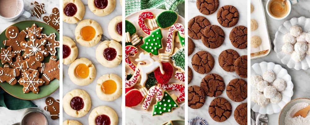 A row of five holiday cookies including gingerbread, jam thumbprints, cut-out sugar cookies, molasses cookies, and Mexican wedding cookies