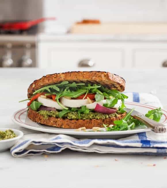 Caprese sandwich with olive pesto