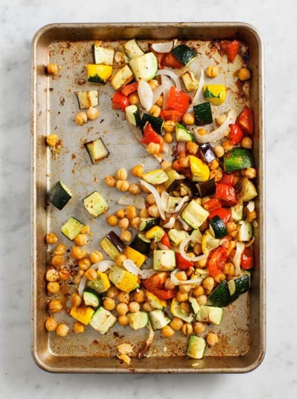 Roasted Chickpea Ratatouille on a baking sheet