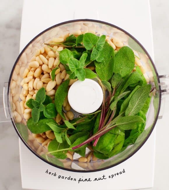 Peach and Tomato Crostini herb garden pine nut spread/ @loveandlemons