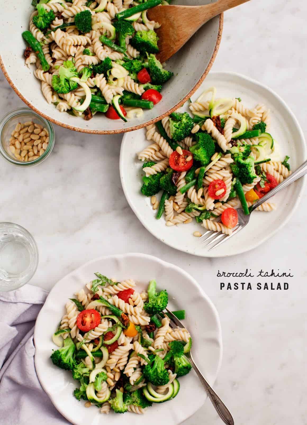 Healthy Broccoli Pasta Salad on plates