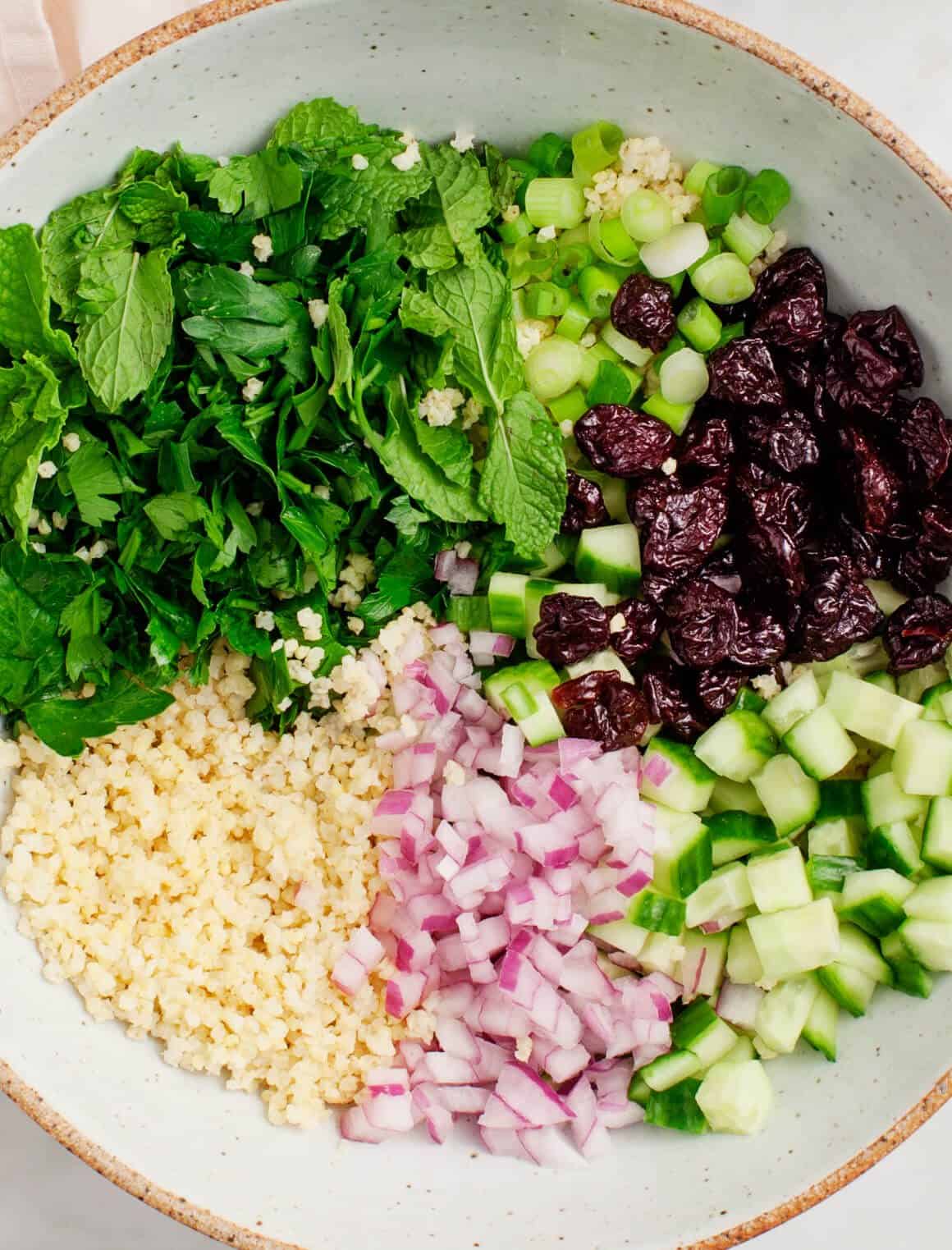 Tart Cherry Tabbouleh Tart Cherry Tabbouleh recipe components in a bowl