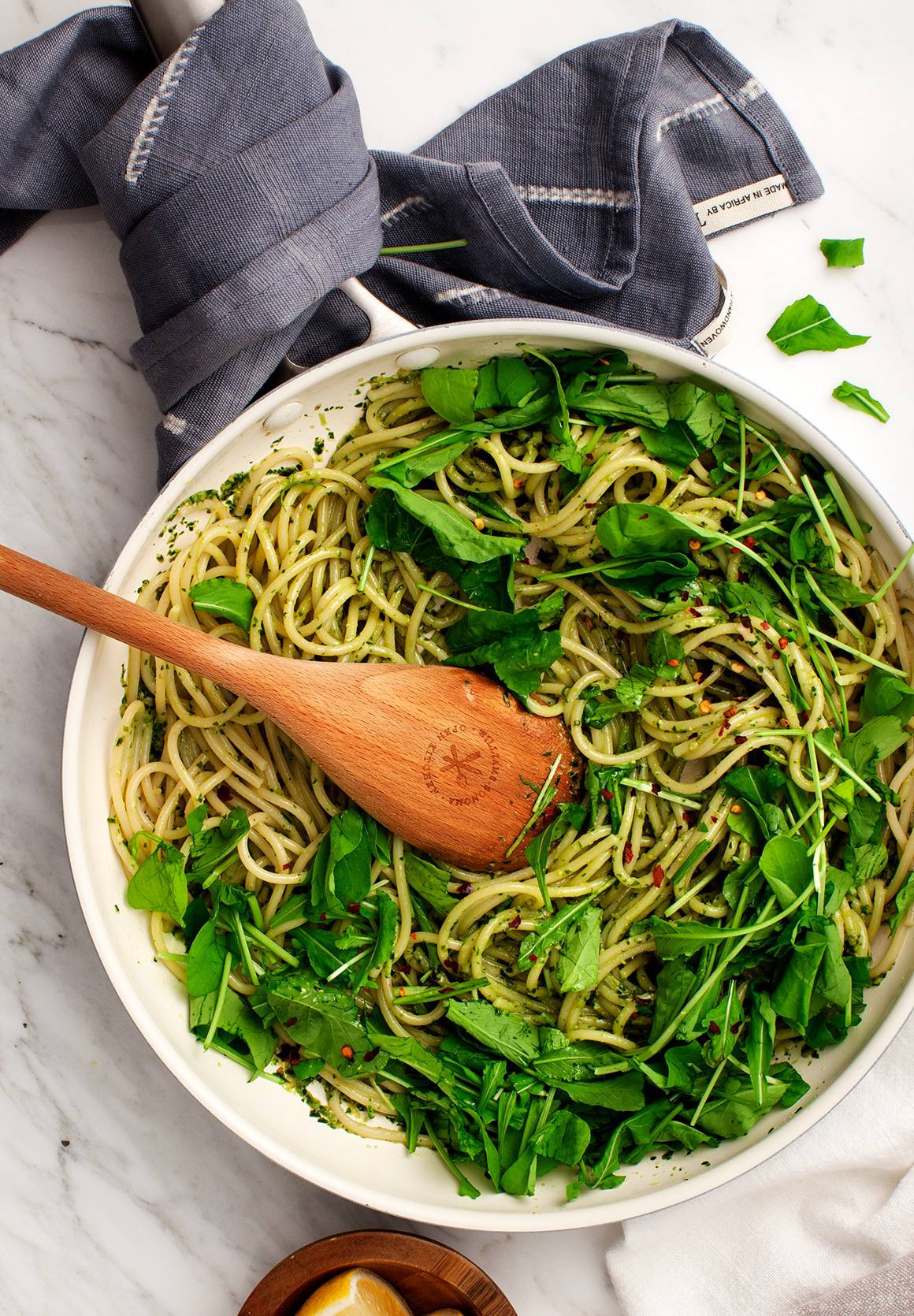 pesto pasta recipe in a skillet