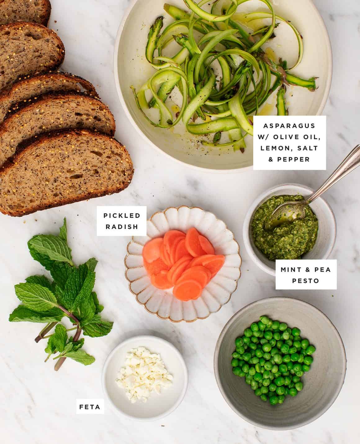 Asparagus Ribbon, Mint & Pea Pesto Toasts