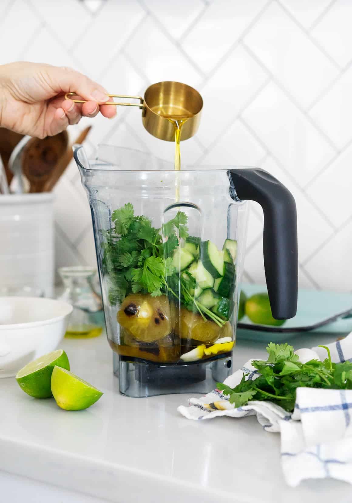 Cucumber gazpacho ingredients in a blender