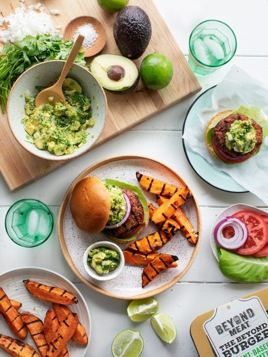 Guacamole Beyond Burgers w/ Spicy Sweet Potato Wedges