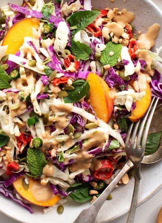 Spicy Ginger Miso Slaw with Peaches