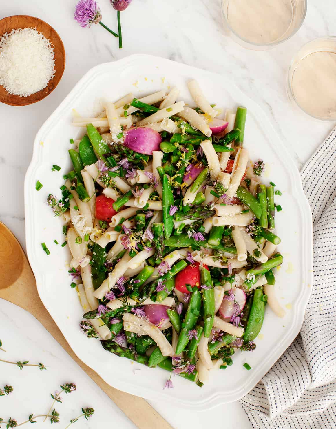 Asparagus, Snap Pea & Chive Blossom Pasta from our new cookbook Love & Lemons Every Day