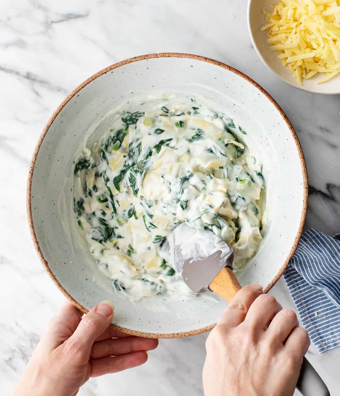 Spinach artichoke dip in a bowl