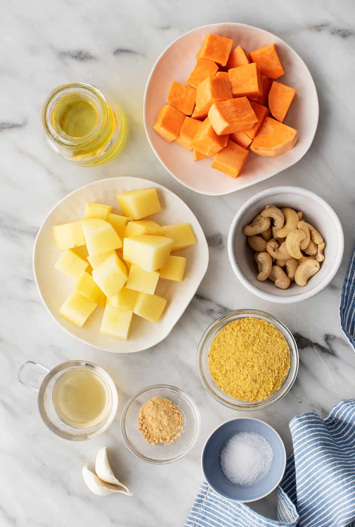 Potatoes, sweet potatoes, cashews, and nutritional yeast