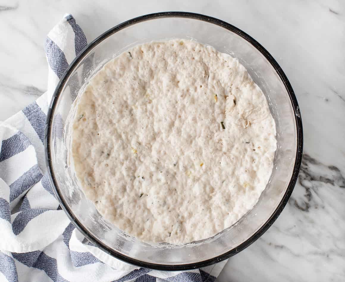 No-Knead Bread Rising dough in a bowl