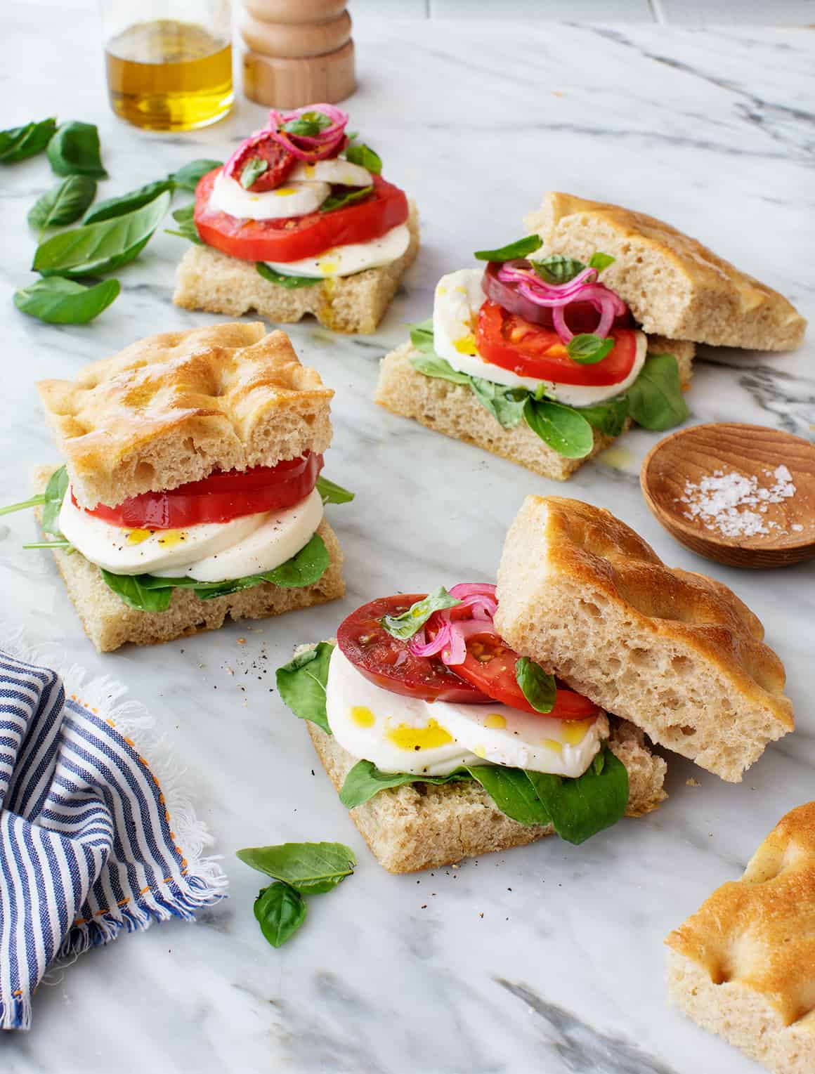 vegetarian caprese sandwich on foccacia