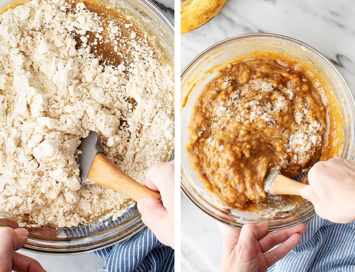 Hands mixing wet ingredients and dry ingredients