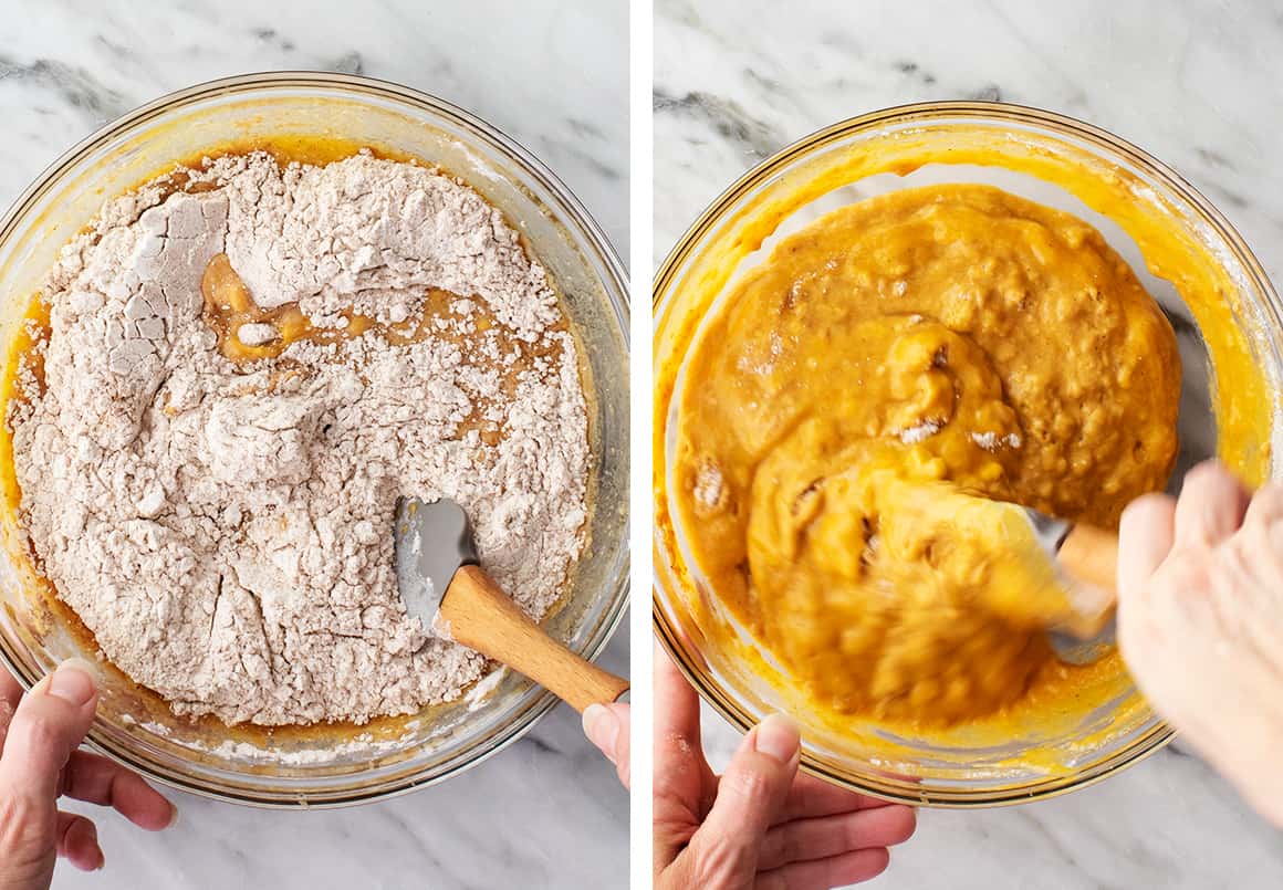 Hand mixing wet and dry ingredients with a spatula