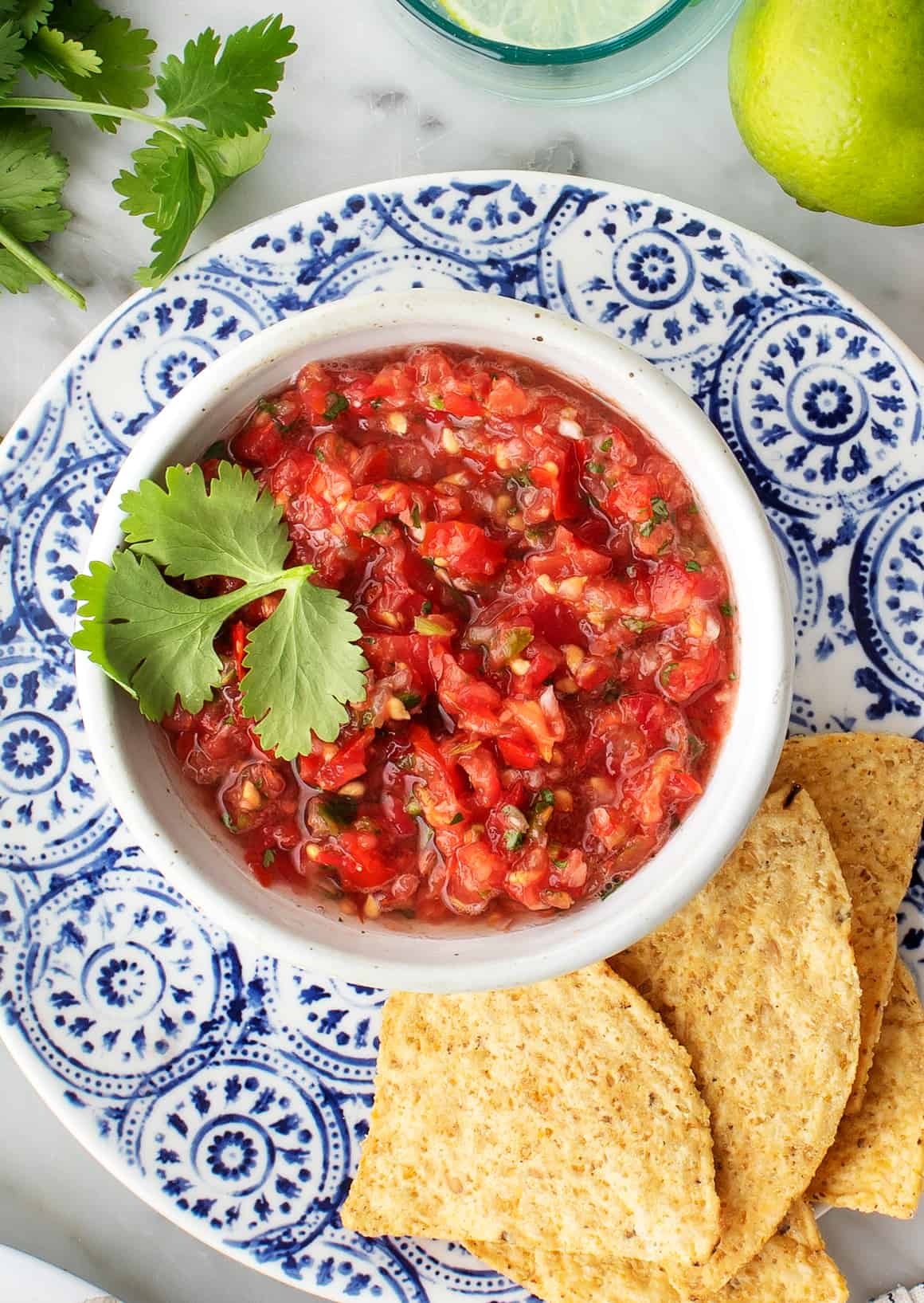 Bowl of homemade salsa with tortilla chips