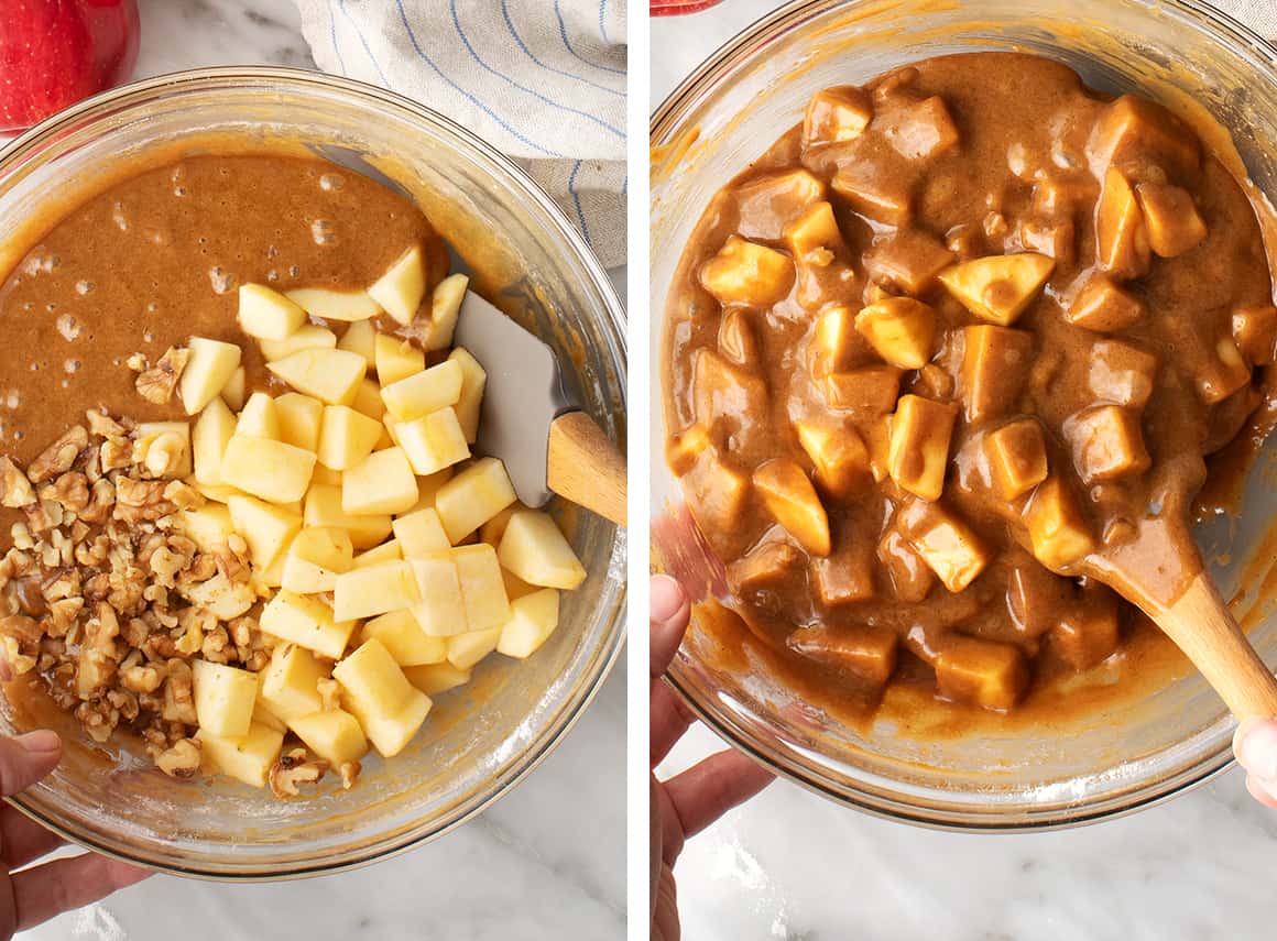 Folding diced apples and walnuts into cake batter