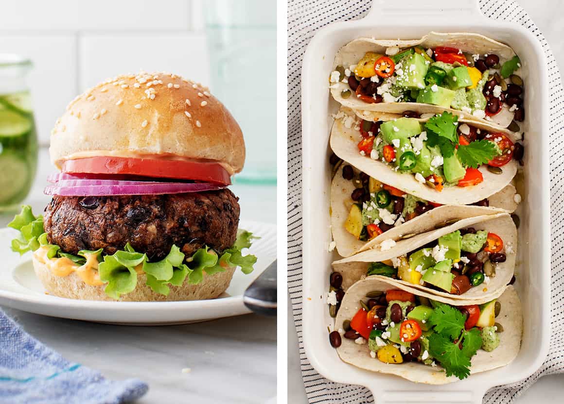 Veggie burger and veggie tacos