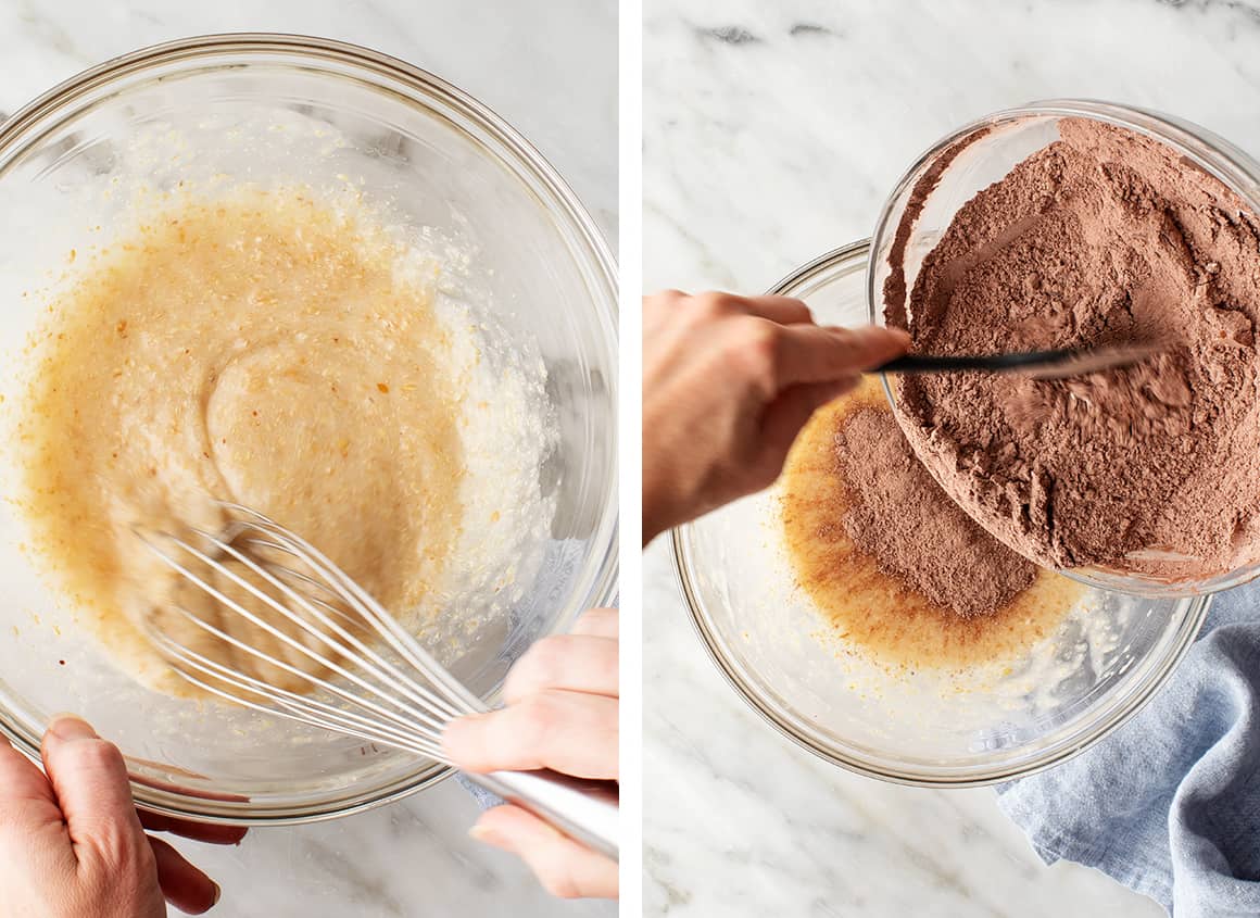 Pouring bowl of dry ingredients into bowl of wet ingredients