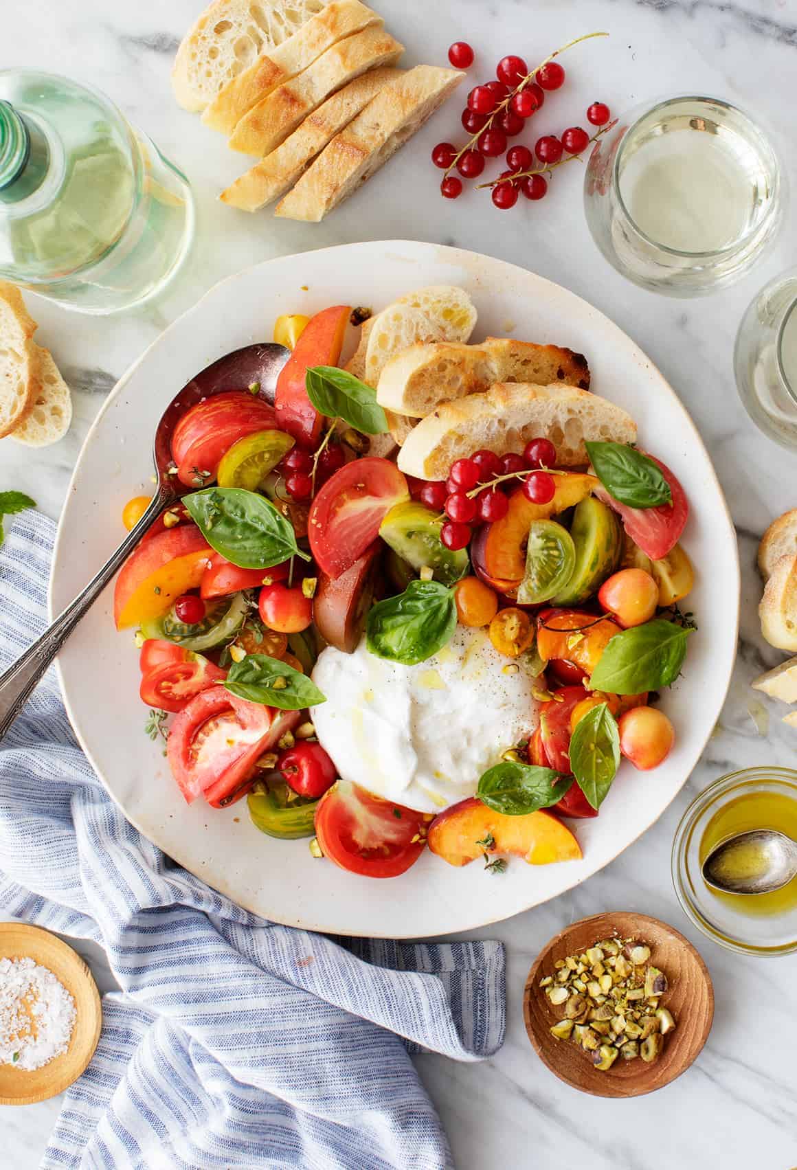 Burrata Platter with Heirloom Tomatoes, Herbs, and Baguette