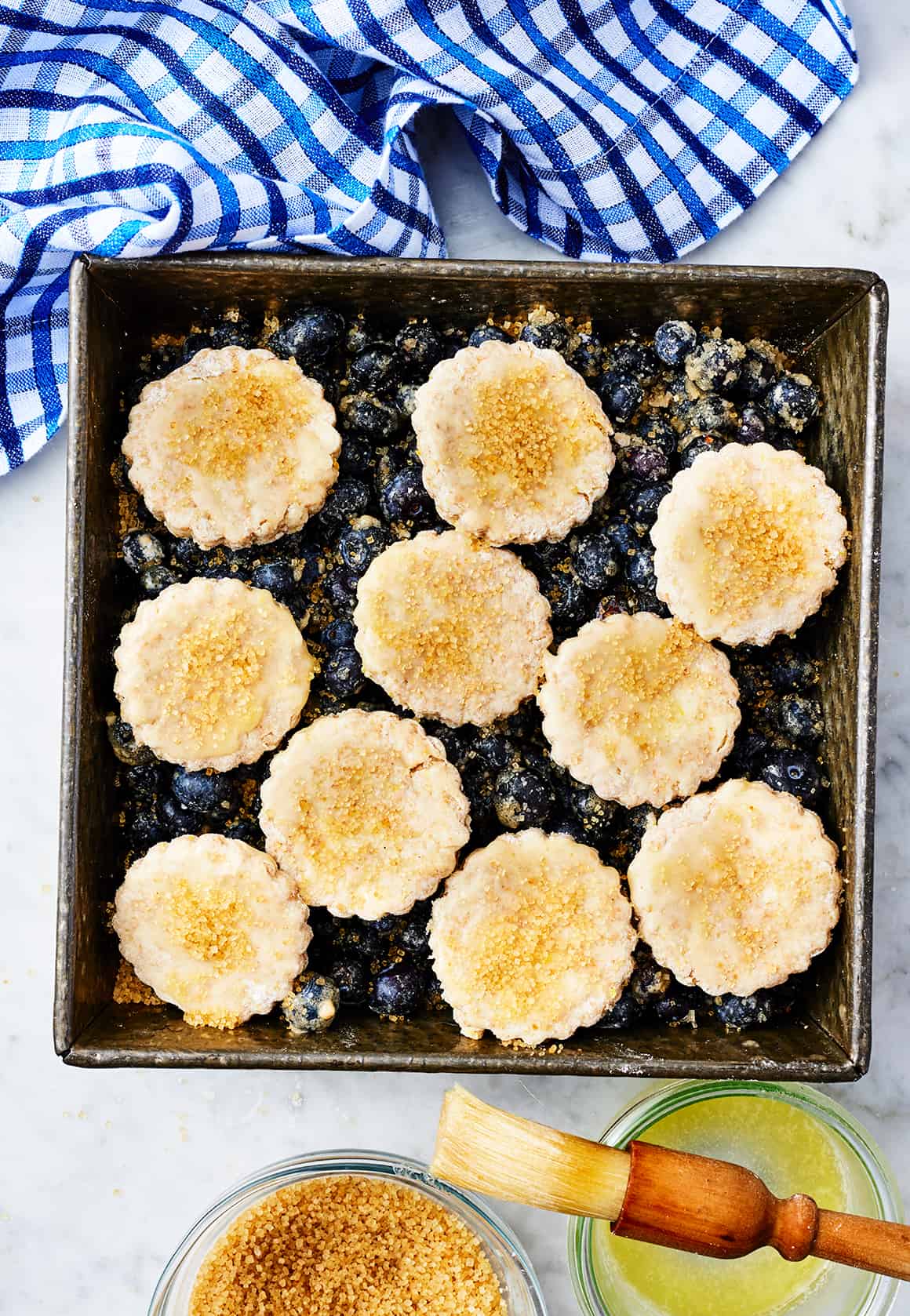 Blueberry cobbler in baking dish
