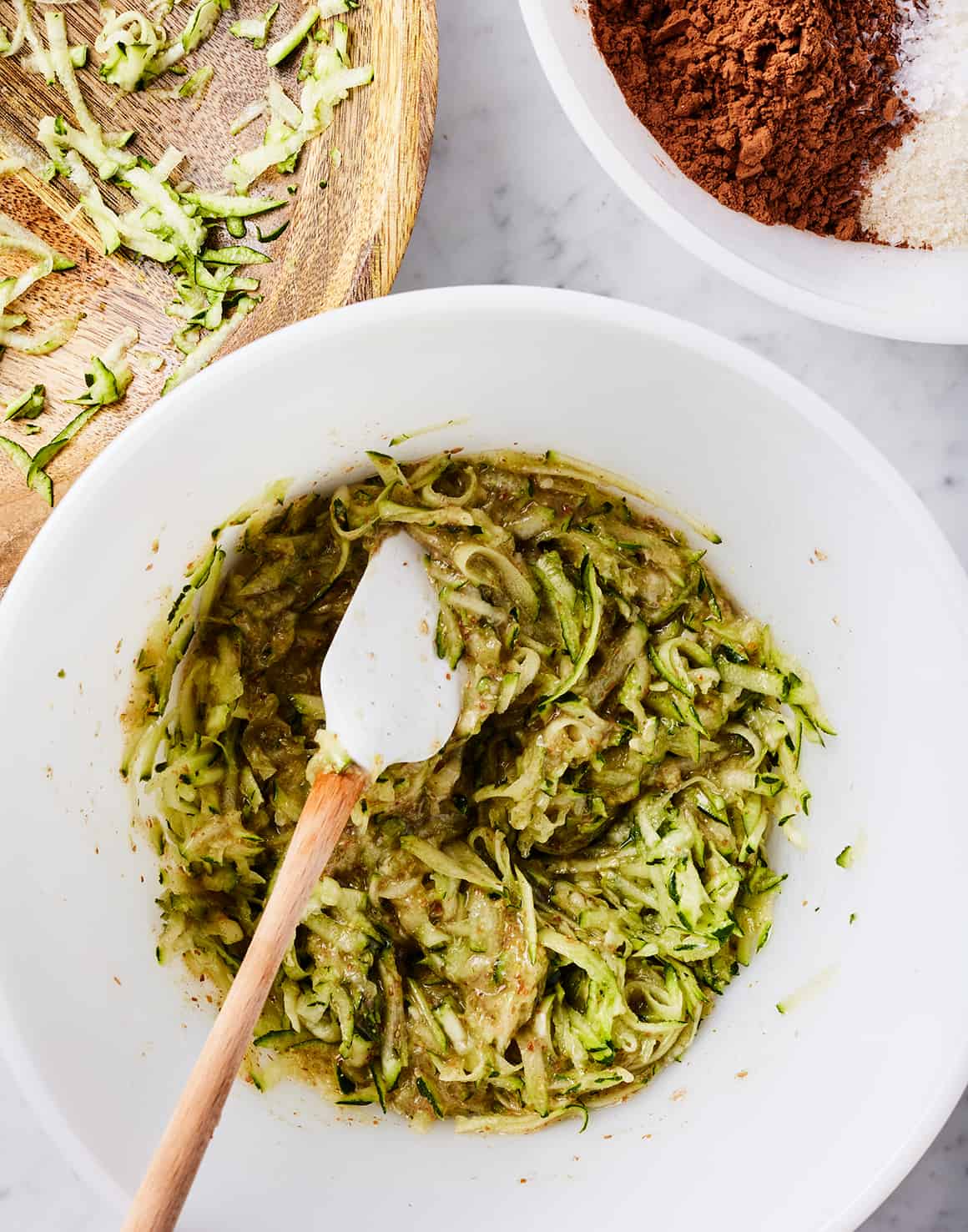 Bowl of wet ingredients for zucchini brownies