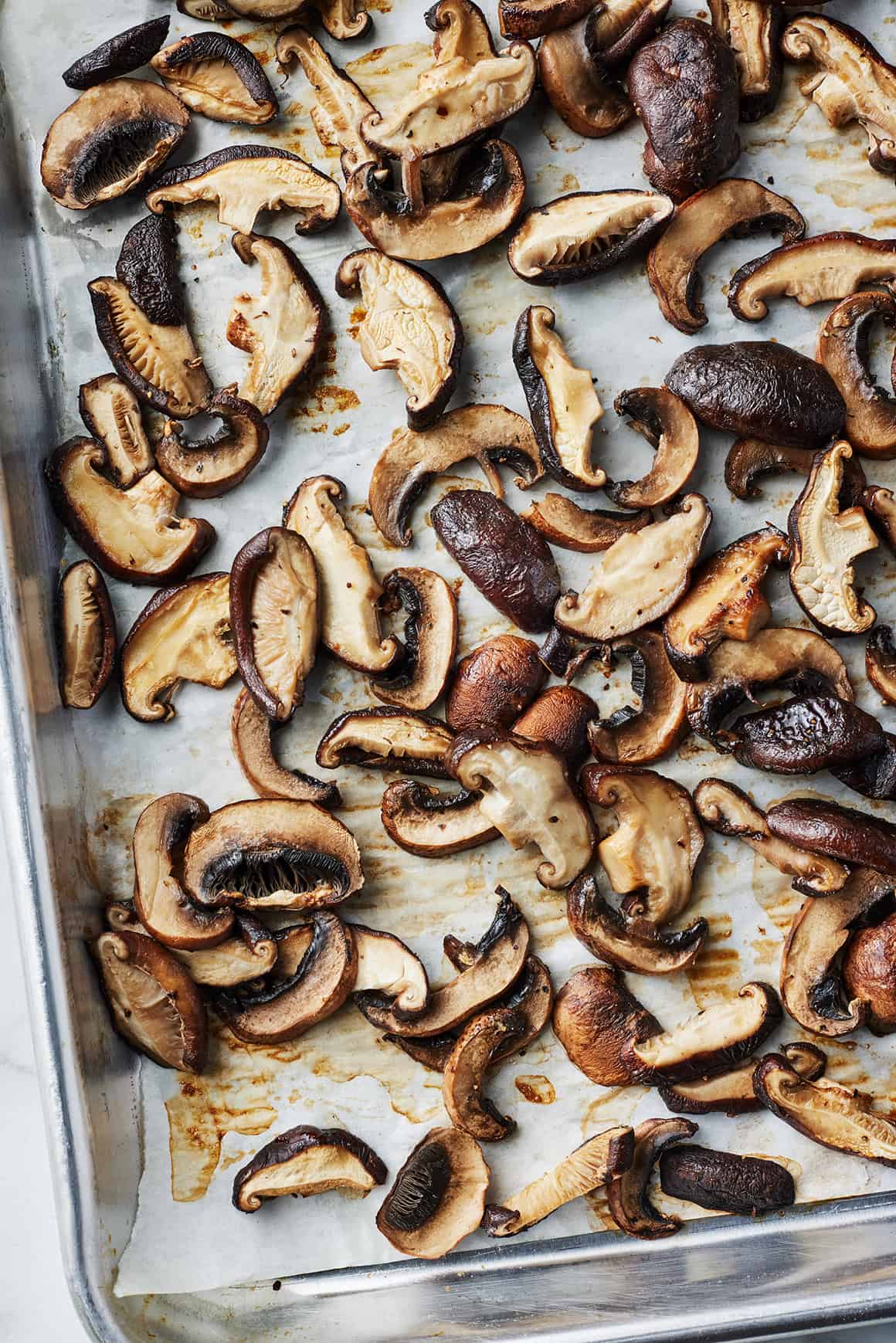 Roasted mushrooms on a baking sheet