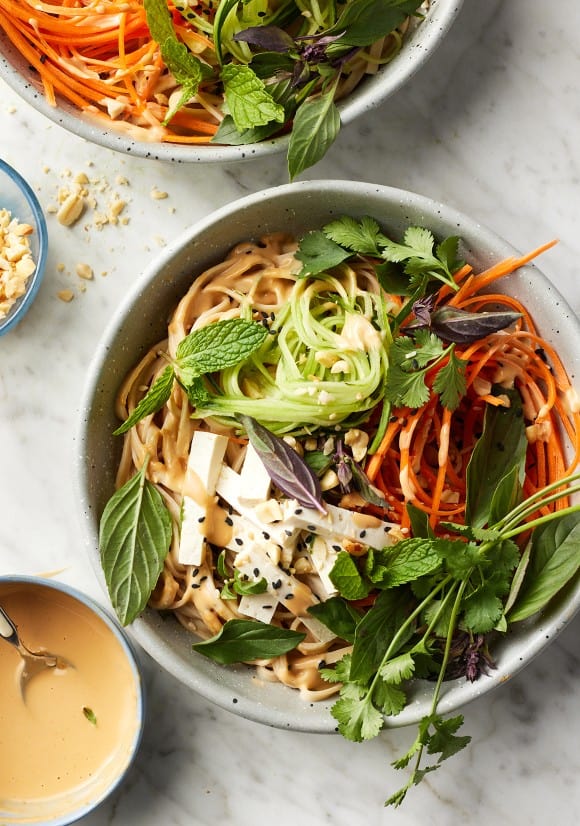 spring dinner recipes - peanut noodles with veggies and herbs