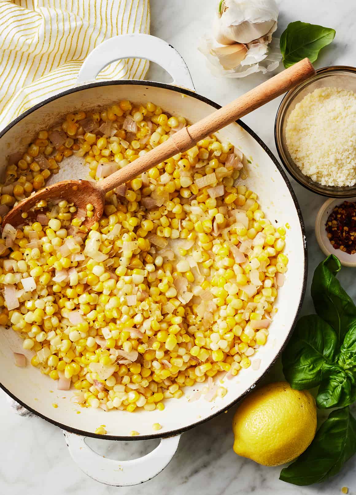 Sauteed corn in a skillet