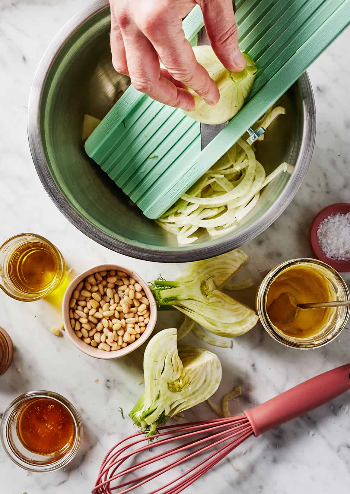 Shaving fennel on mandoline