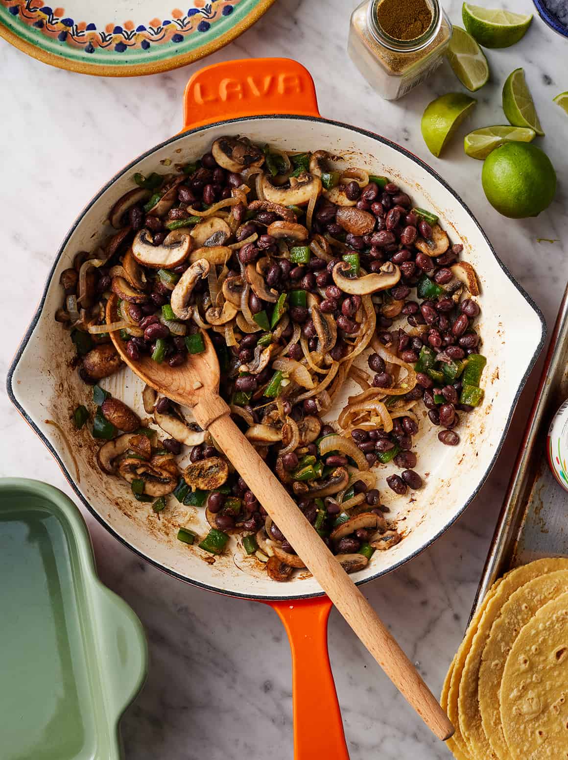 Mushroom, poblano, and black bean filling in skillet