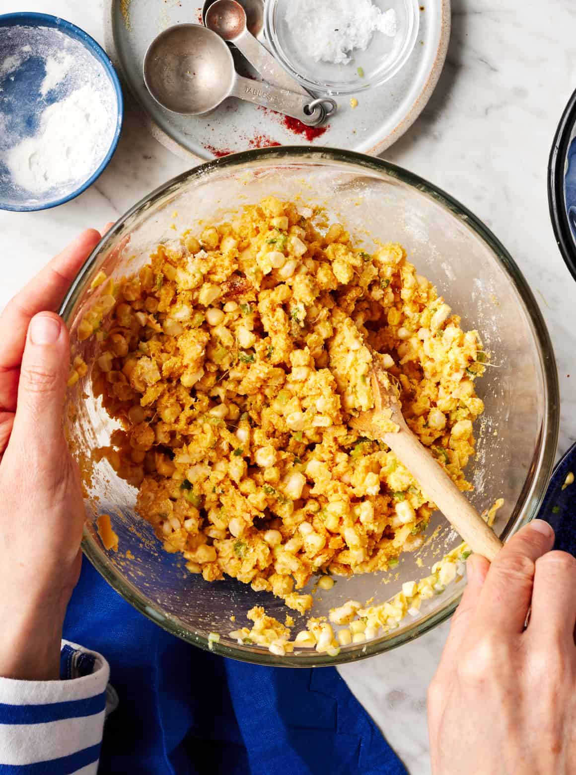 Fritter mixture in mixing bowl