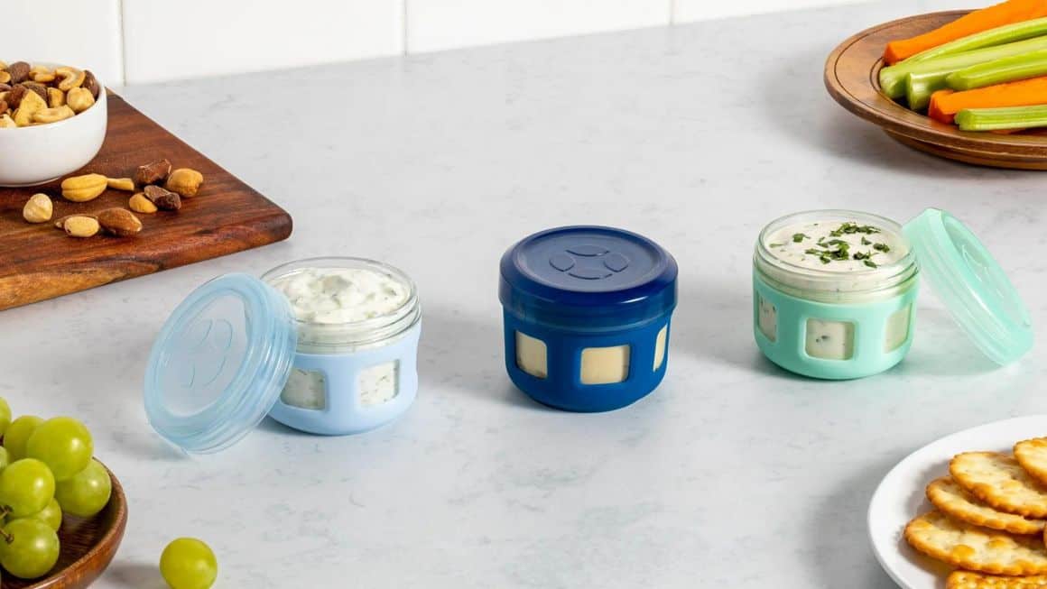 Glass containers for lunch dressings.