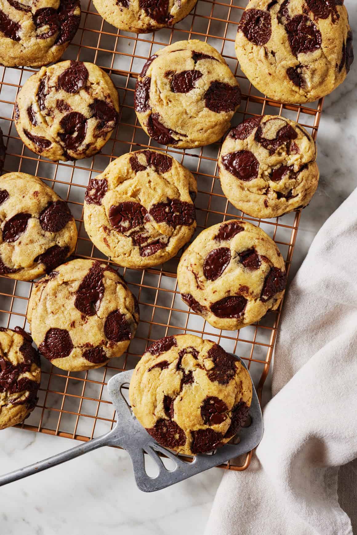 Chewy chocolate chip cookies on cooling rack