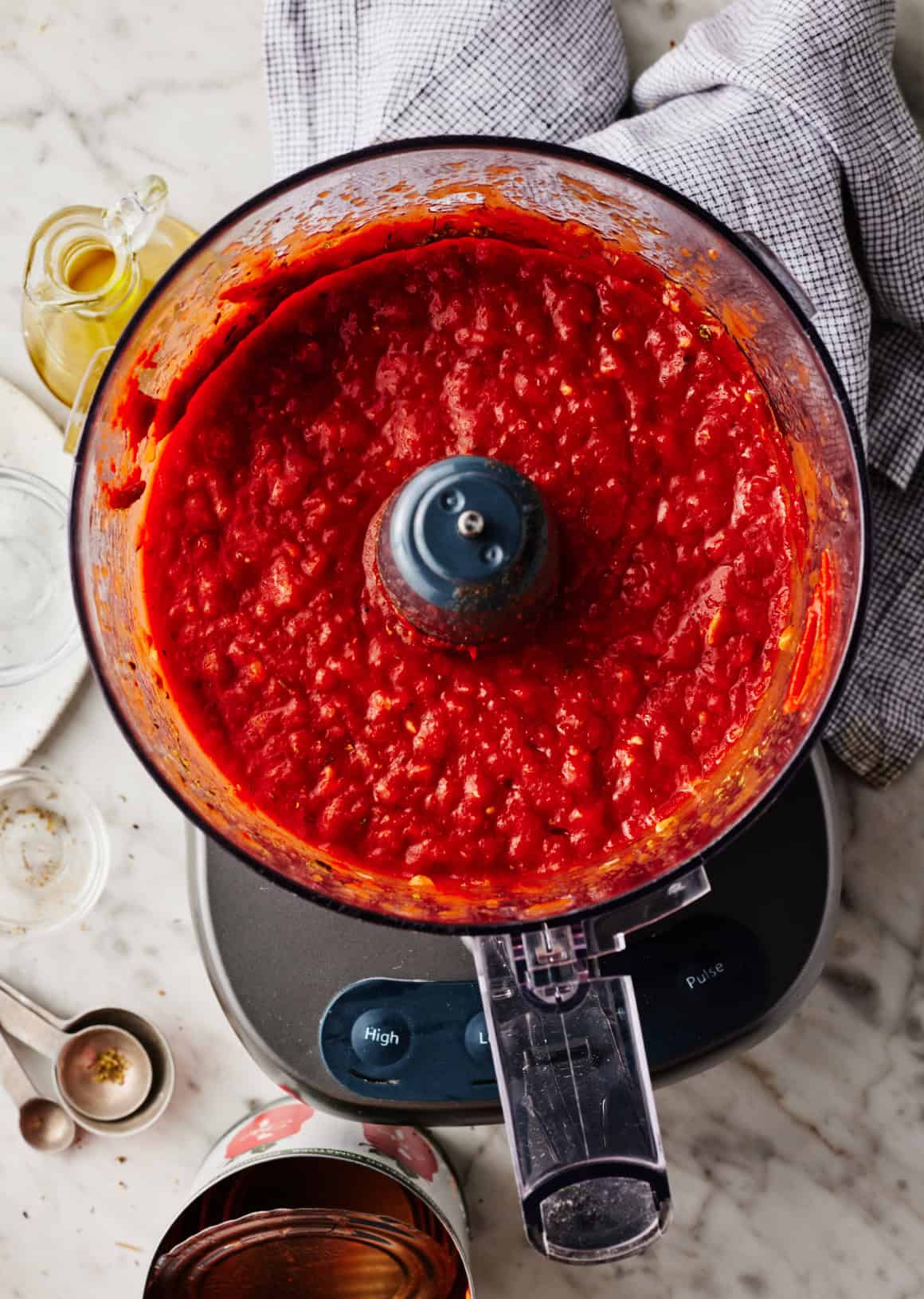 Homemade pizza sauce in a food processor