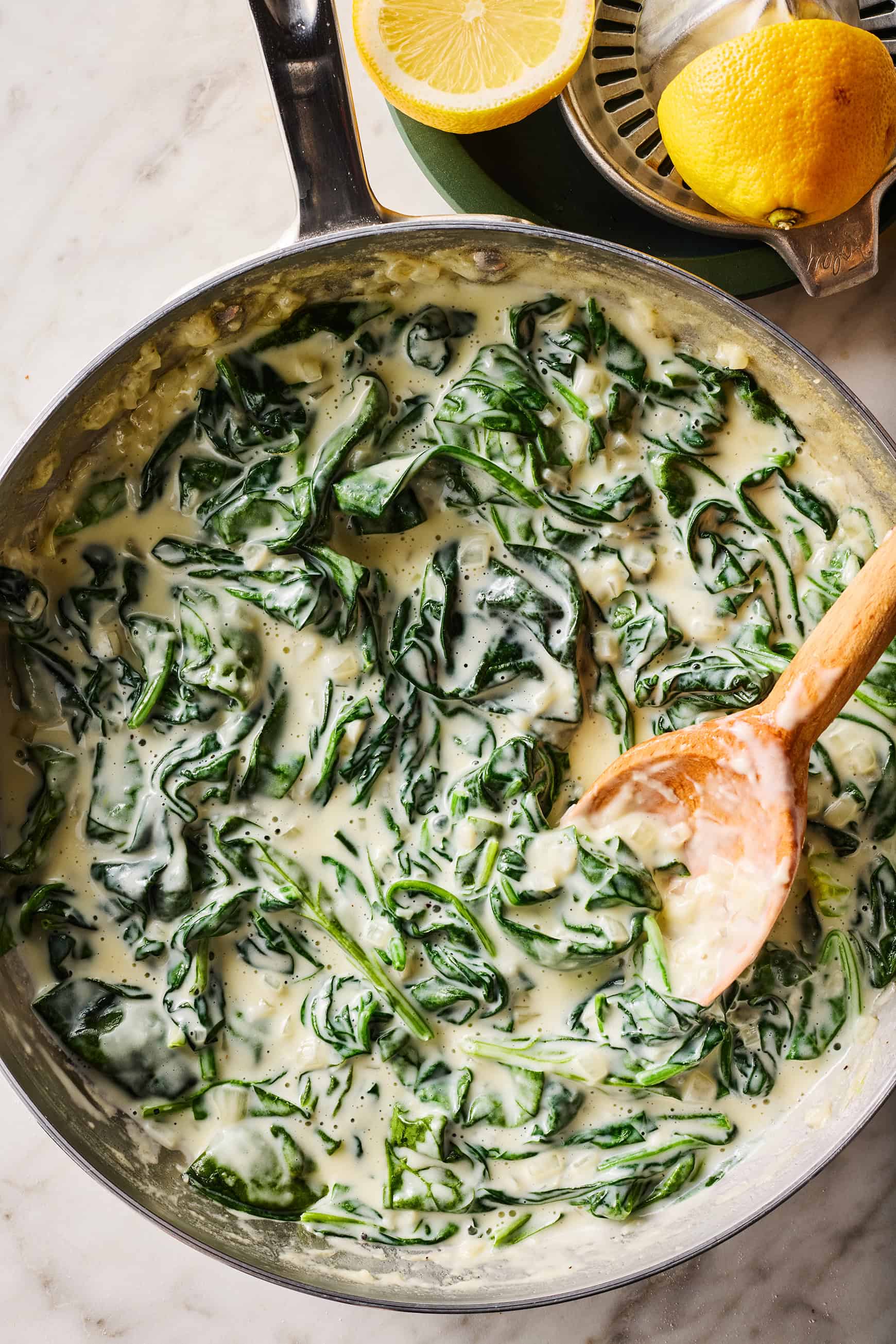 Creamed spinach in skillet