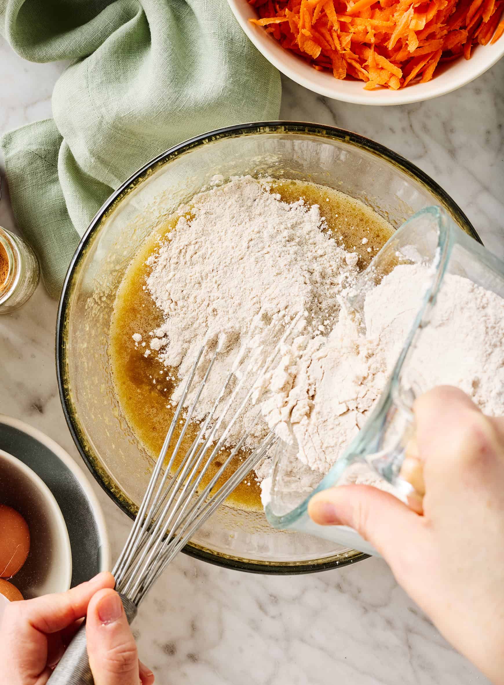 Adding dry ingredients to wet ingredients