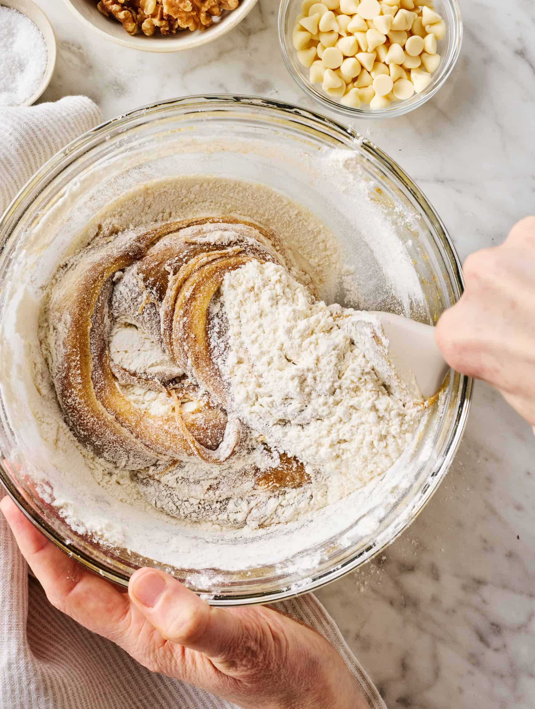 Mixing dry ingredients into wet ingredients