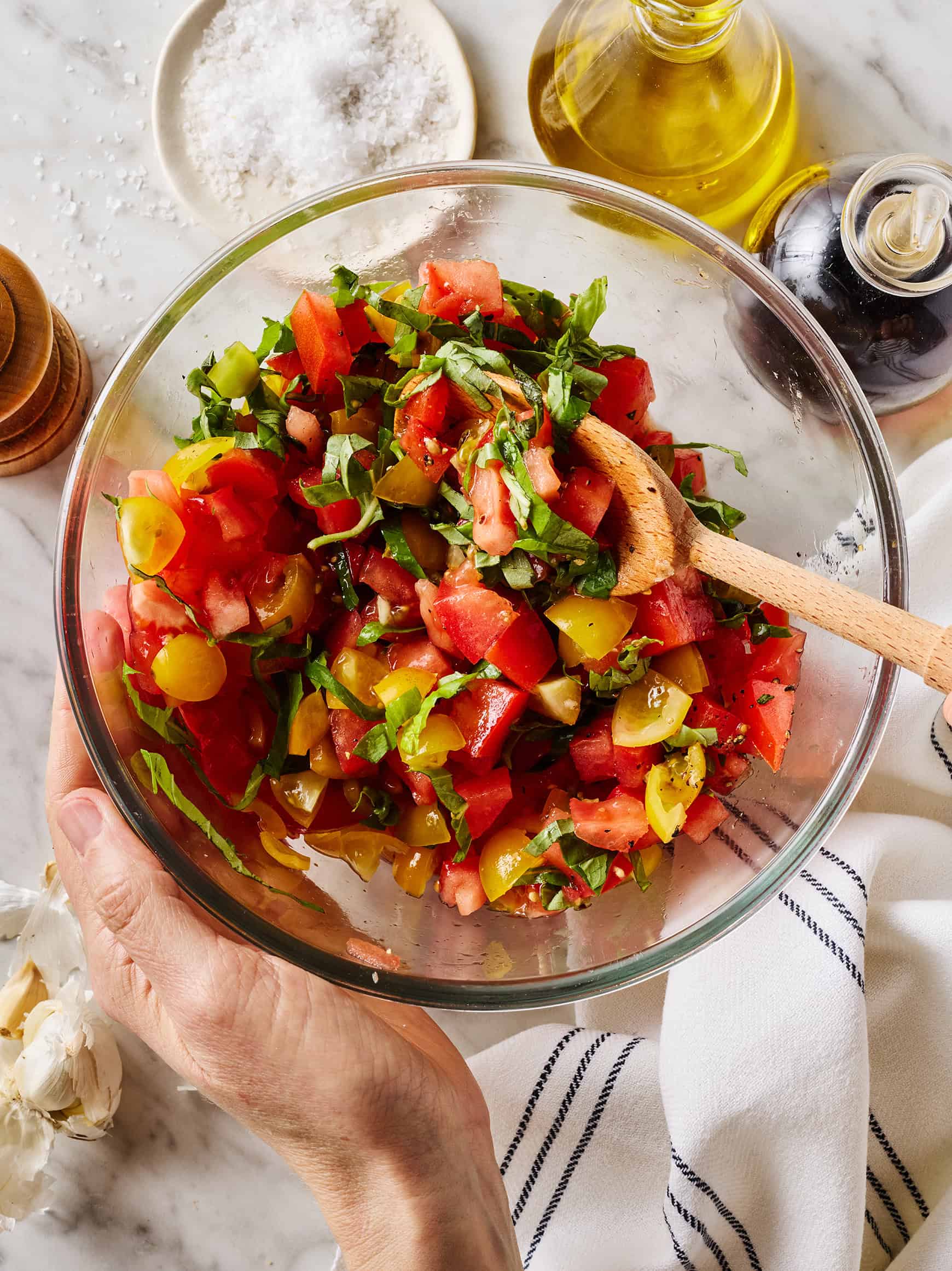 Tomato bruschetta topping in glass bowl