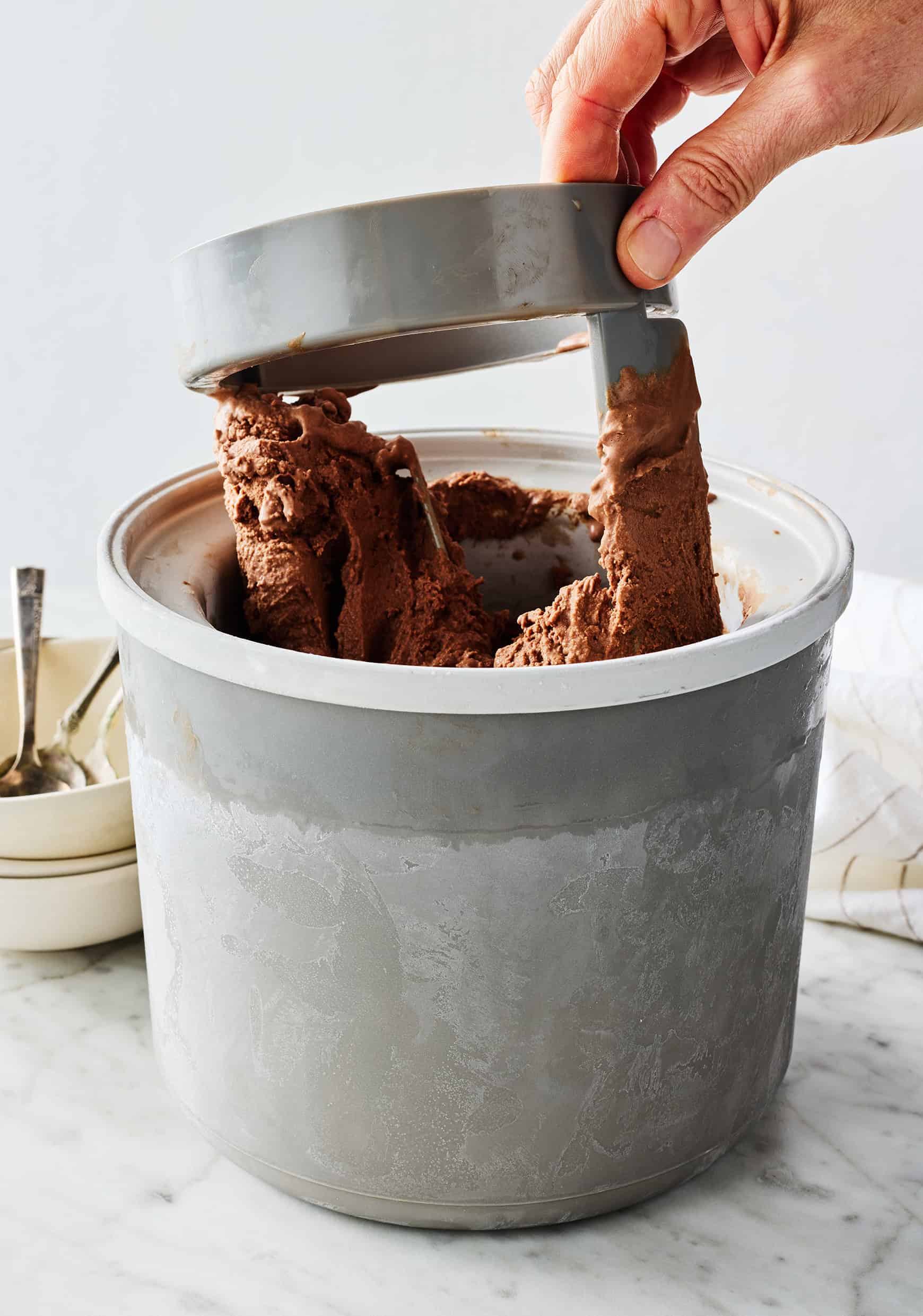 Removing chocolate ice cream from ice cream maker