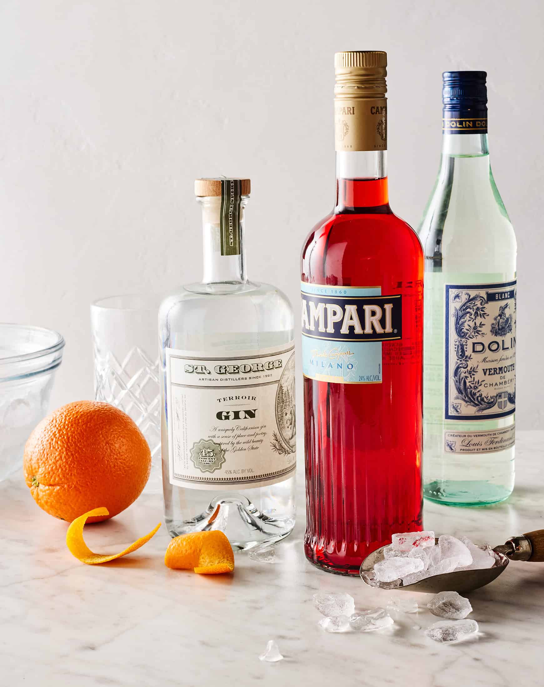 Gin, sweet vermouth, Campari, and an orange
