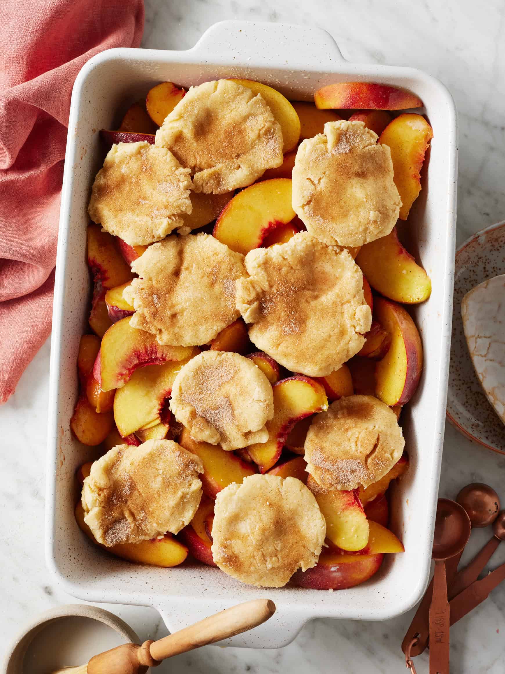 Easy peach cobbler in a baking dish