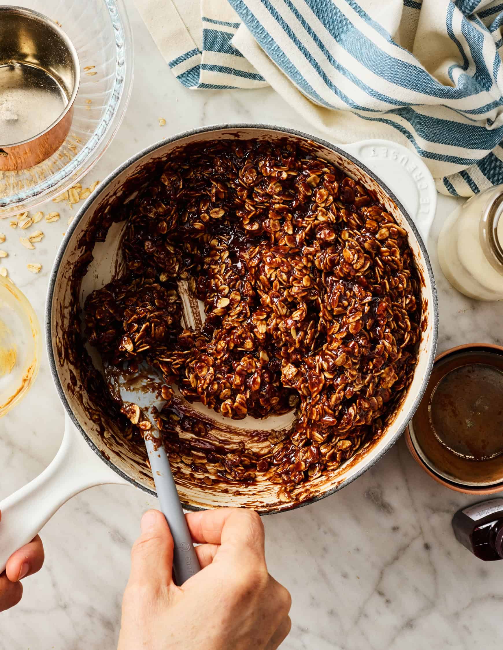 Stirring chocolate oatmeal mixture