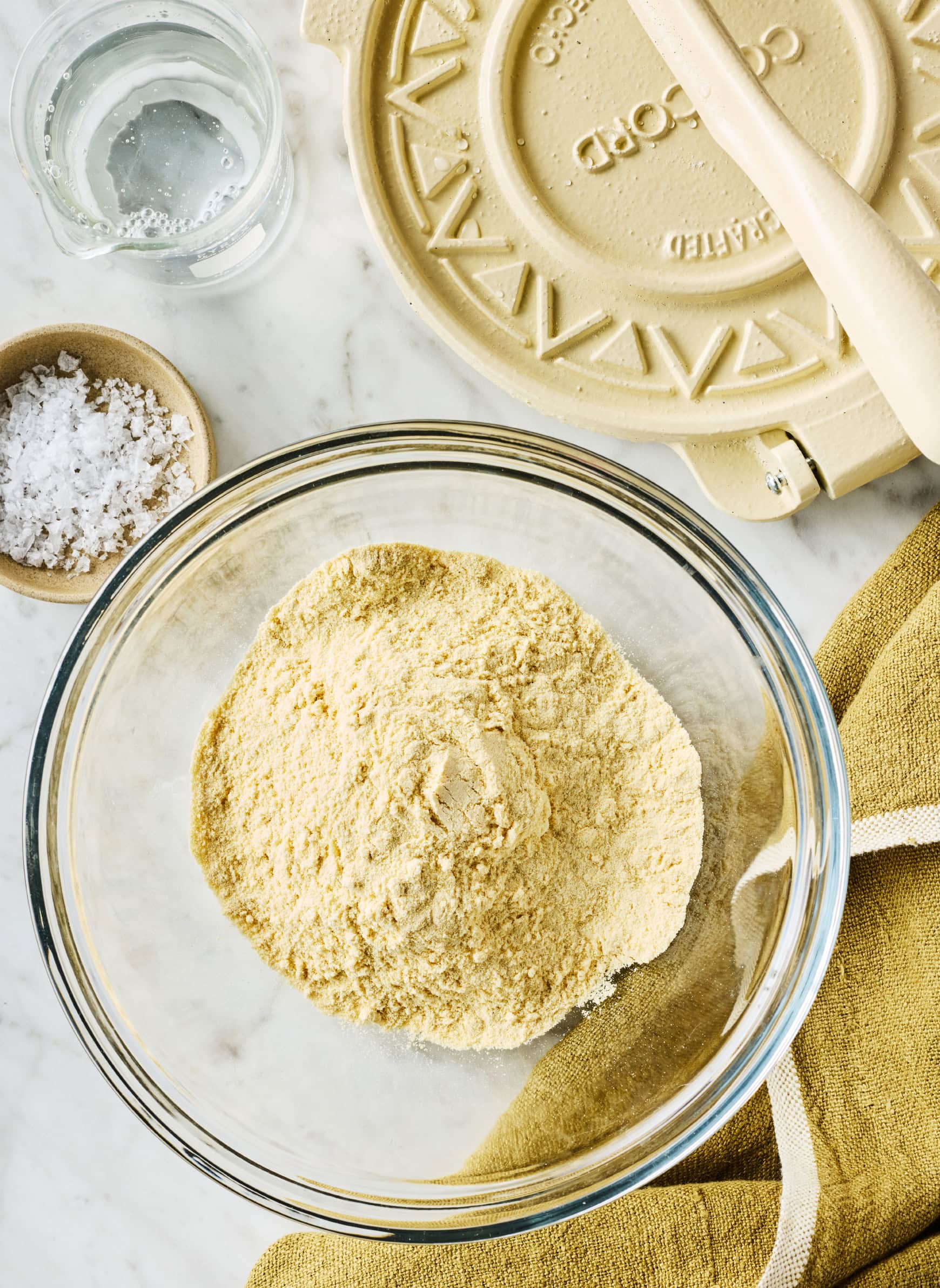 Masa harina in mixing bowl