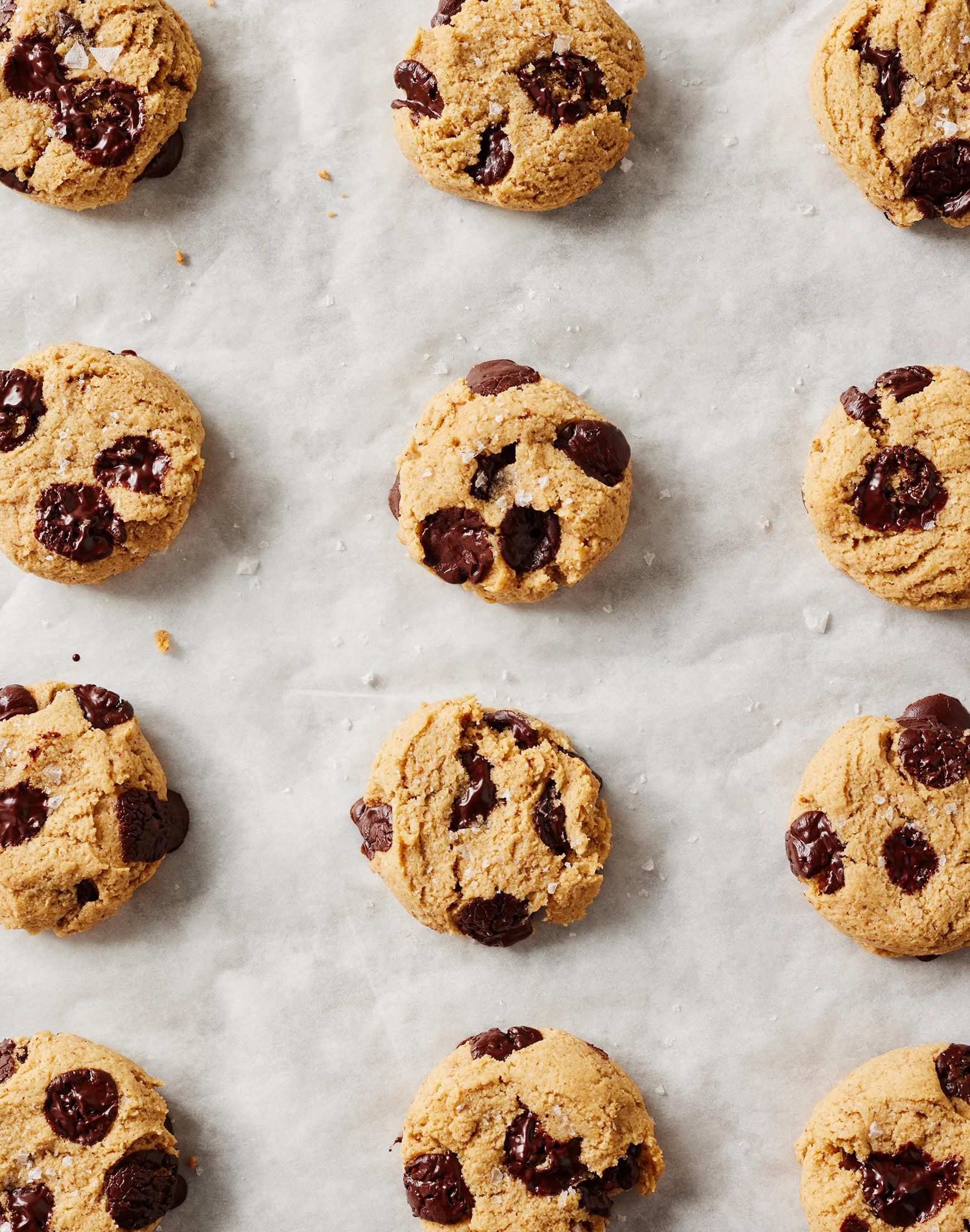 Baked almond flour chocolate chip cookies on baking sheet
