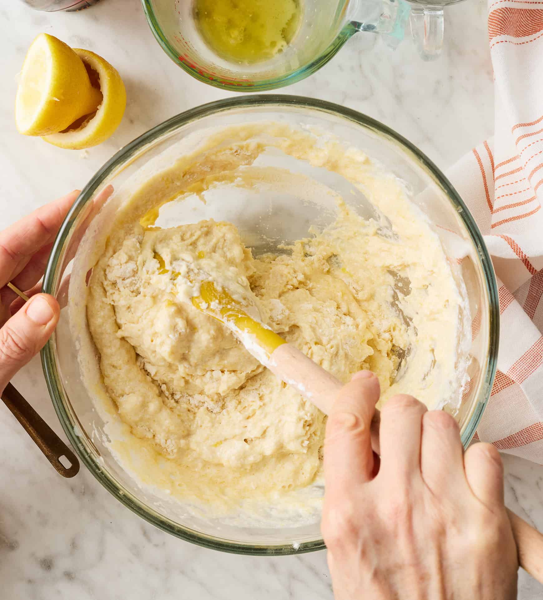 Mixing batter in glass bowl