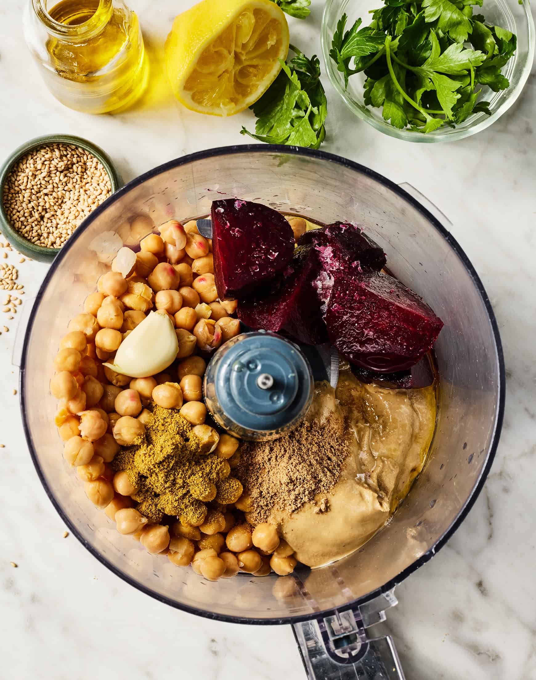 Beet hummus ingredients in food processor