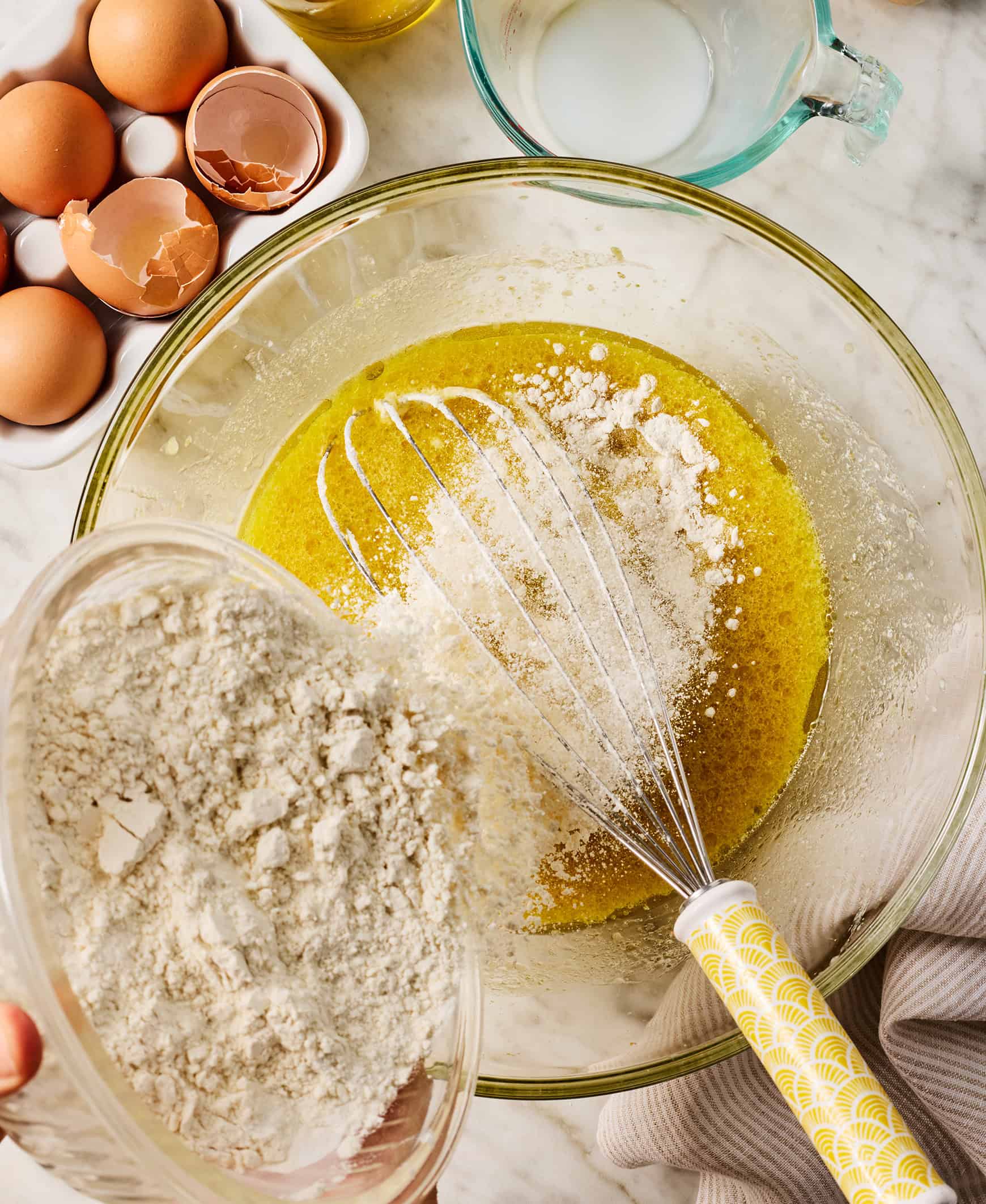 Adding dry ingredients to wet ingredients