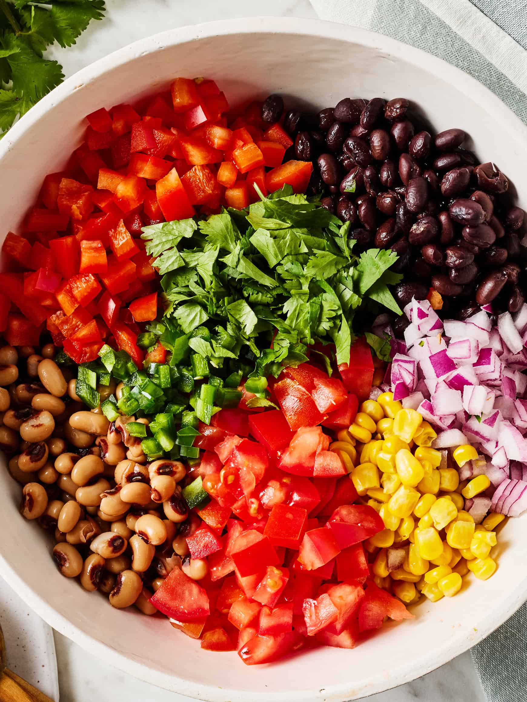 Black eyed peas, black beans, diced red bell pepper, tomatoes, corn, red onion, cilantro, and jalapeño segmented in mixing bowl