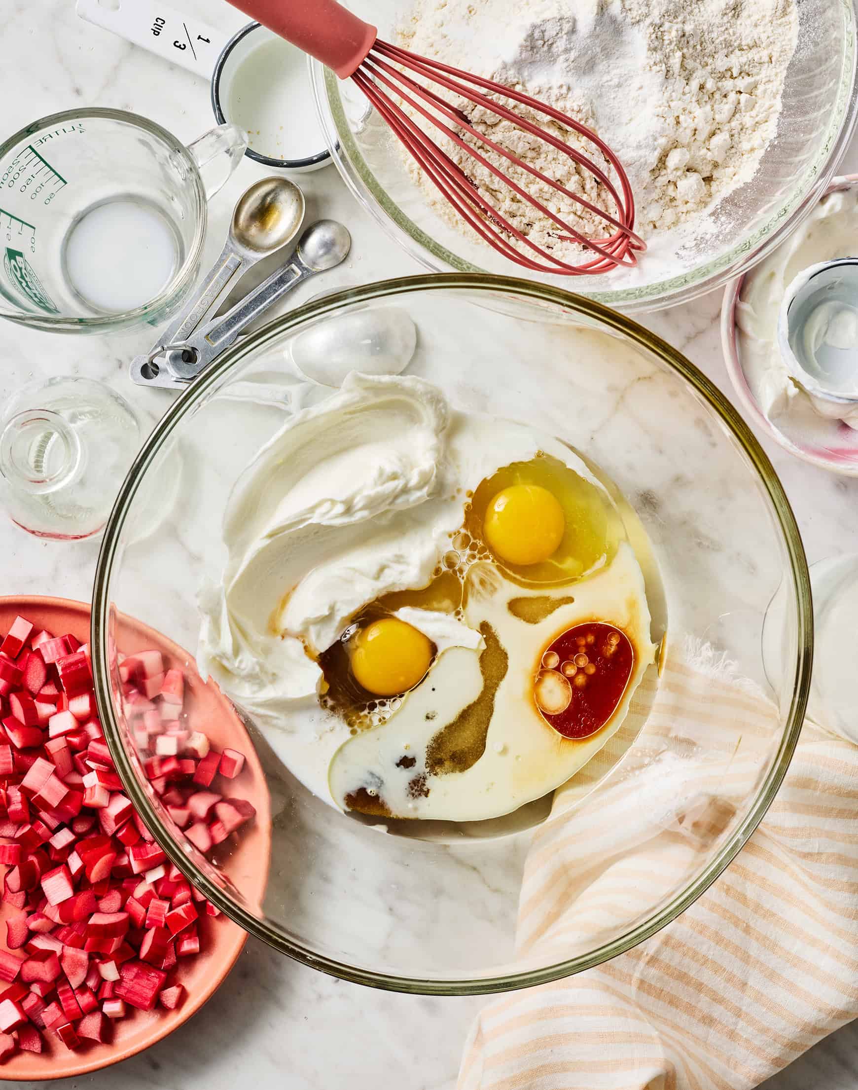 Wet ingredients in glass mixing bowl