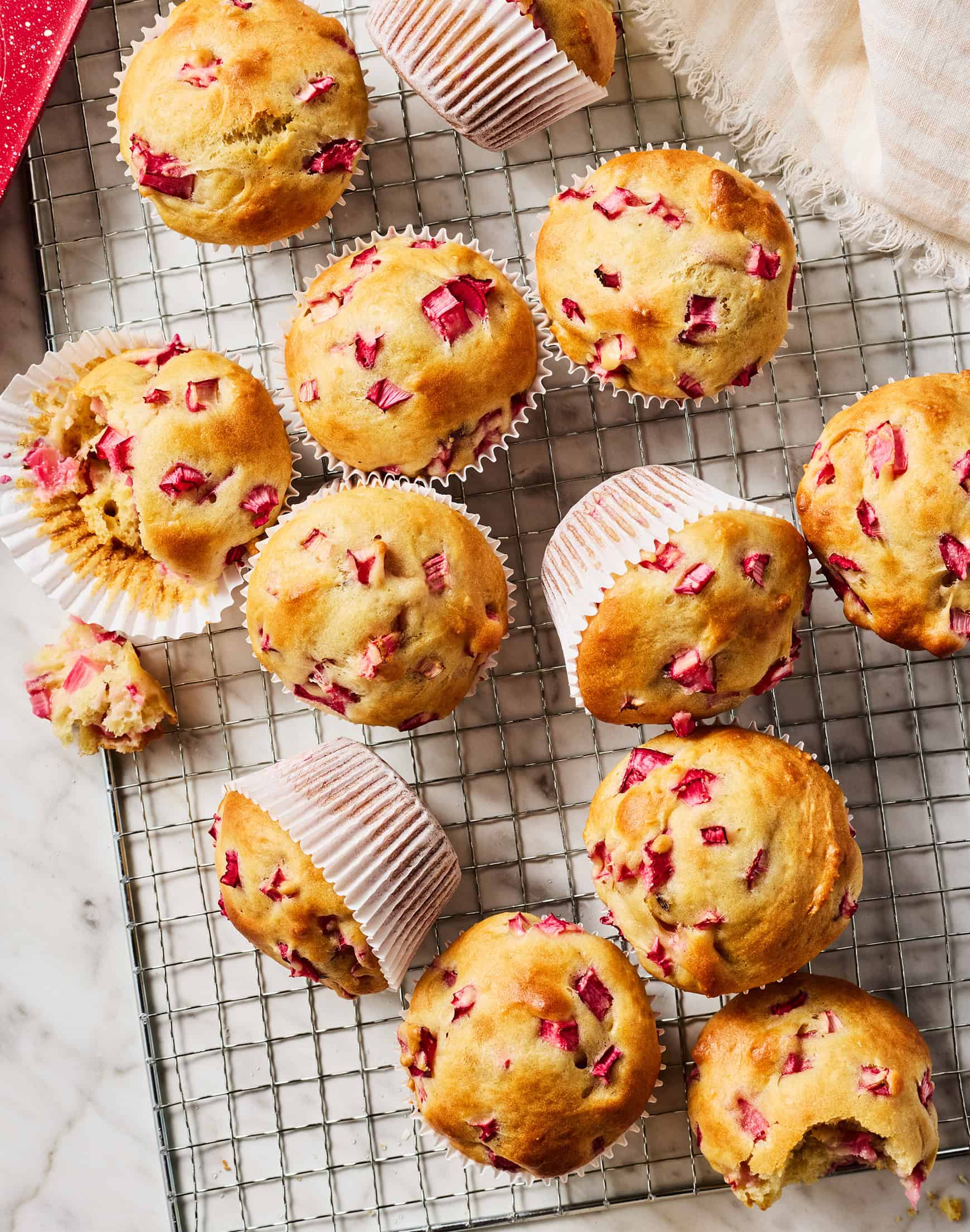 Rhubarb muffins on cooling rack